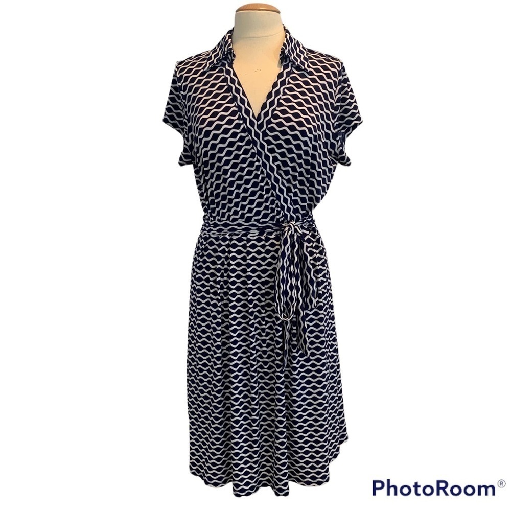 Donna Ricco New York Navy Blue & White Faux Wrap Dress XL